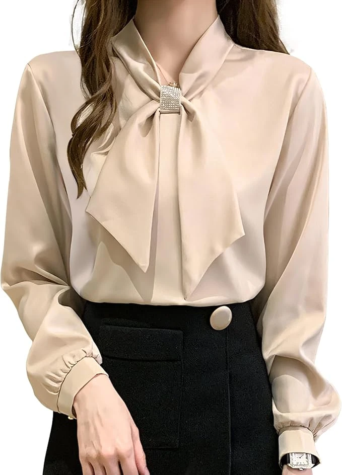 Women's Shirt, Blouse, Chiffon Ribbon Top, Bowtie Blouse, Long Sleeve, Fresh, St